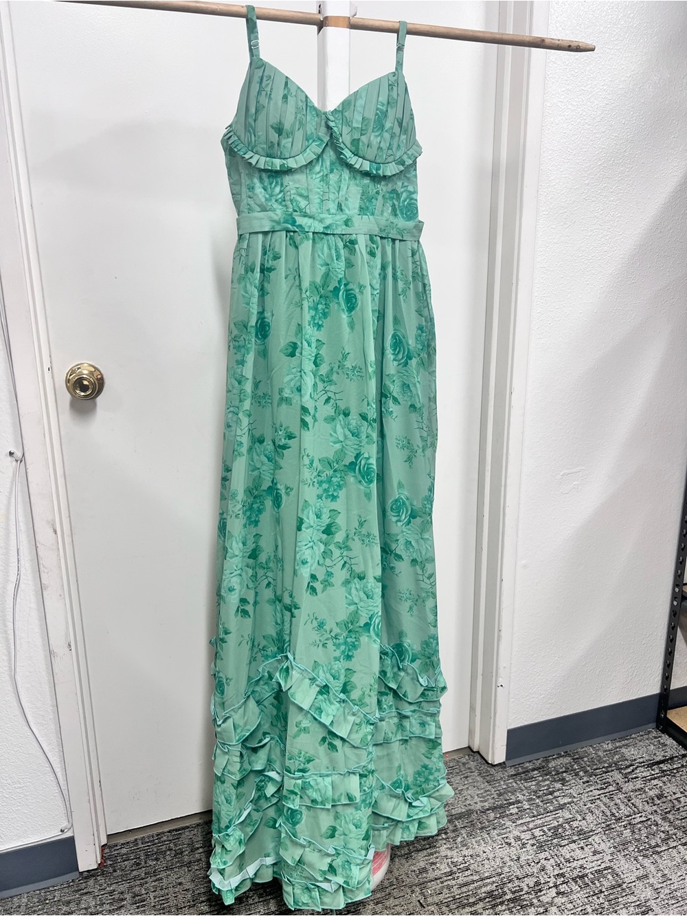 Mint Floral Maxi Dress with Ruffle Hem